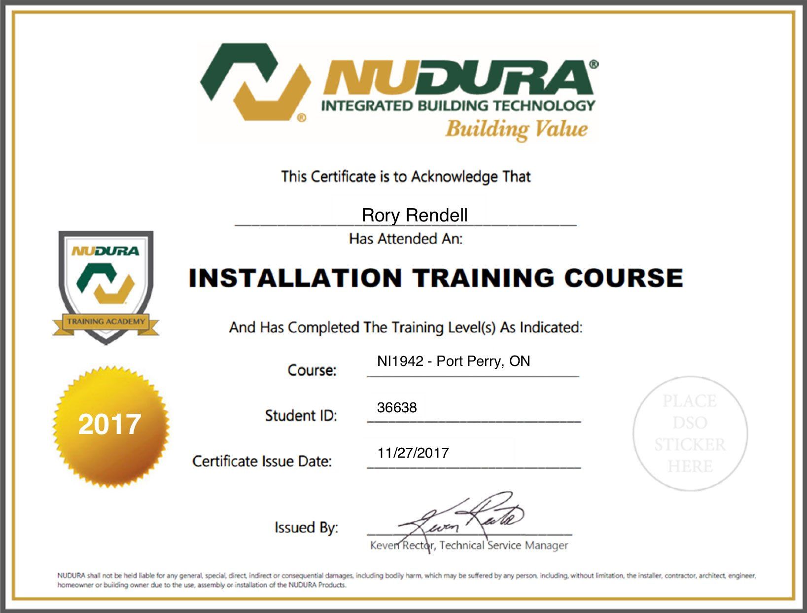 A certificate for a nadura installation training course