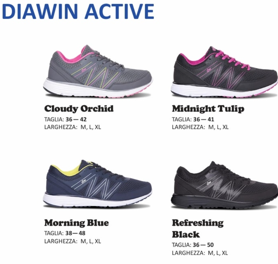 Catalogo delle scarpe sportive Diawin Active nei colori Cloudy Orchid, Midnight Tulip, Morning Blue e Refreshing Black.