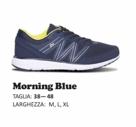 Scarpa da corsa blu navy con suola bianca e interno giallo. Il testo sottostante elenca 