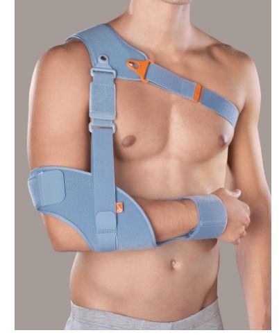 Una persona indossa un tutore di immobilizzazione per la spalla di colore azzurro chiaro che sostiene il braccio destro sul petto.