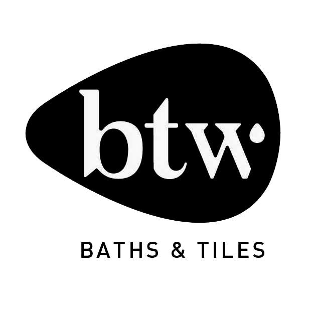 A black and white logo for btw baths and tiles.