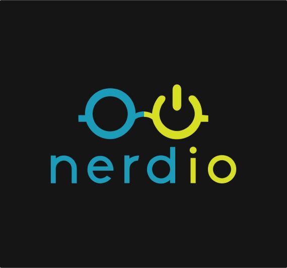 A blue and yellow nerdio logo on a black background