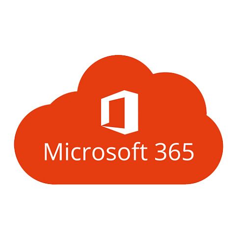 A red cloud with the word microsoft 365 on it.