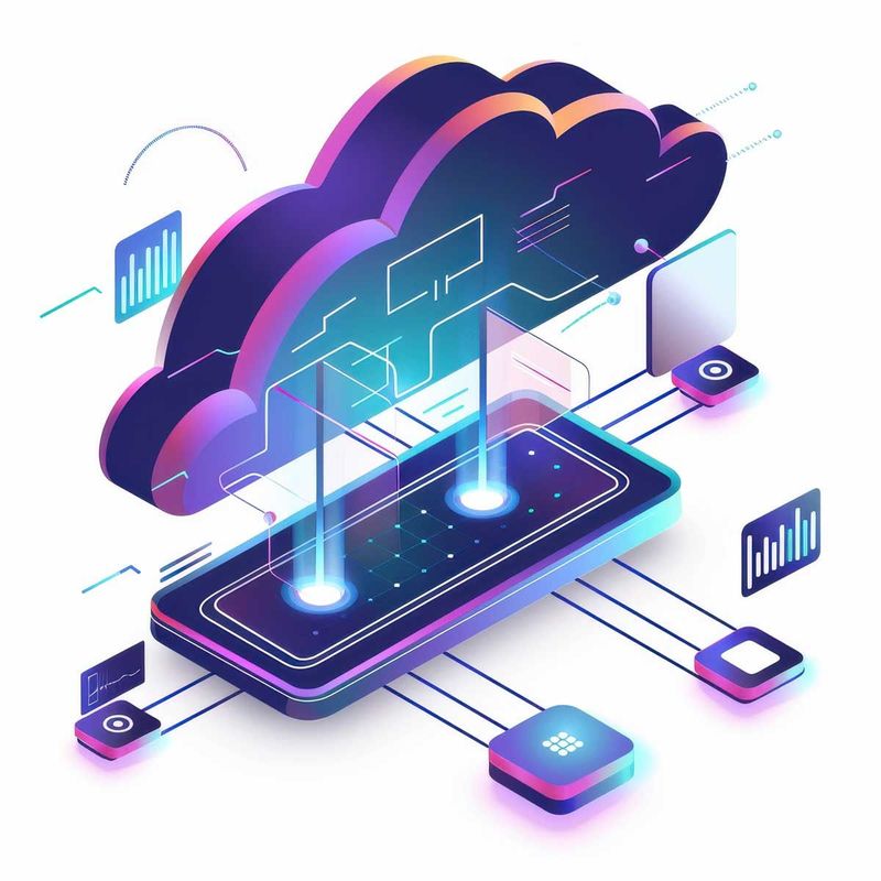 An isometric illustration of a cloud connected to a cell phone.