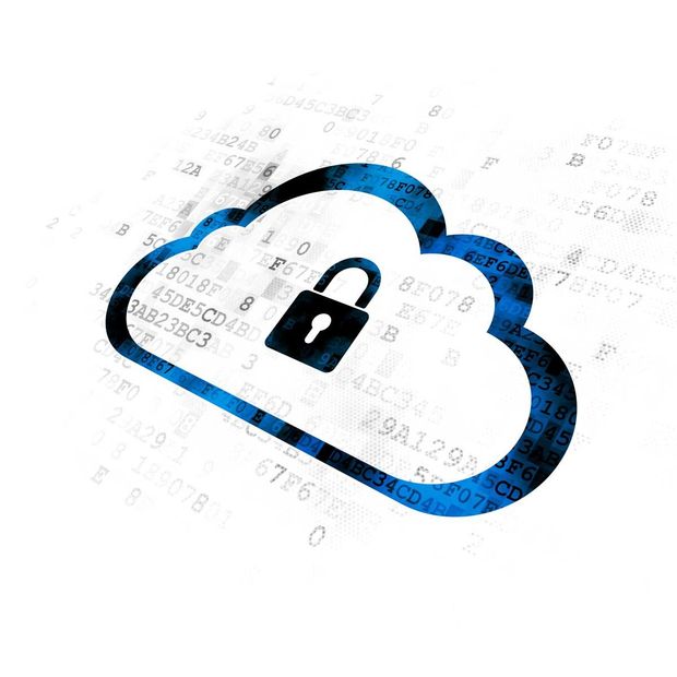 A cloud with a padlock inside of it on a white background.