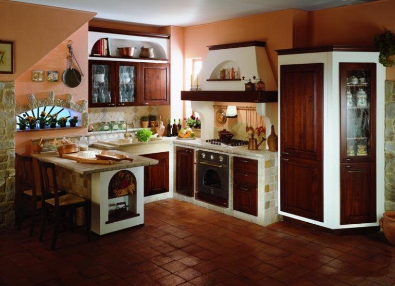 cucina con penisola e pavimento in cotto in stile classico