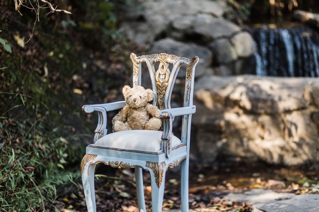 A teddy bear is sitting on a chair in front of a waterfall.