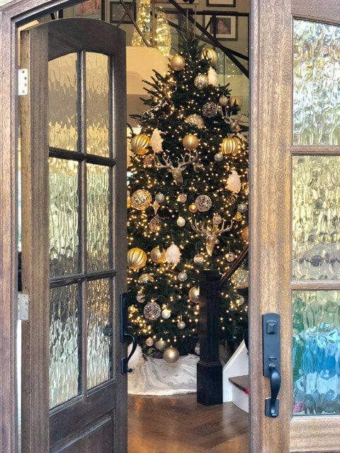 A christmas tree is behind a door that is open