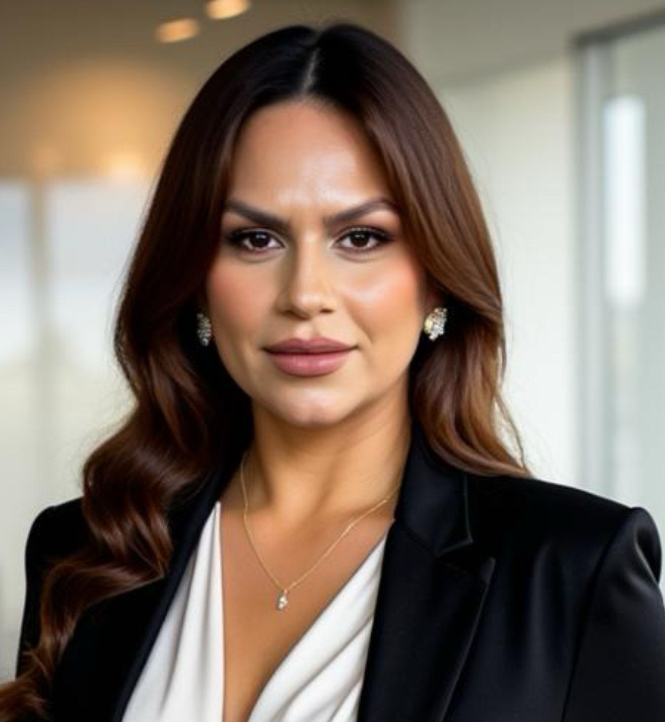 Woman in business attire, looking directly at the camera. She has long brown hair, a necklace, and a black blazer.