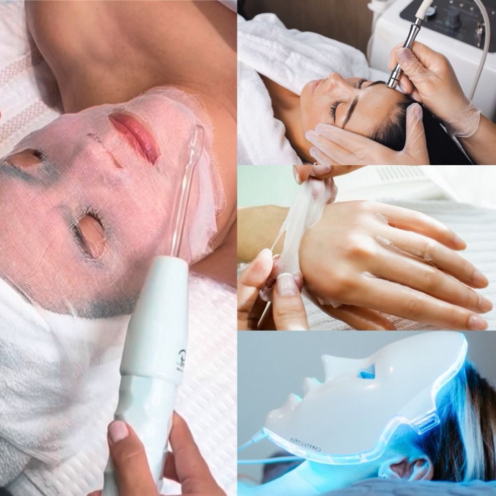 Collage of people receiving various skincare treatments, including a facial mask, high-frequency wand, and LED light therapy.