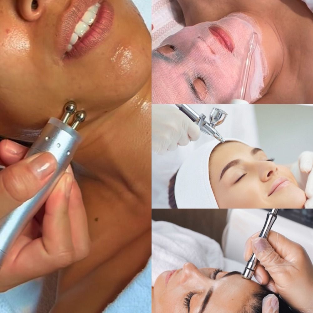 Collage of beauty treatments: woman receiving electrical stimulation, oxygen infusion, and face mask.