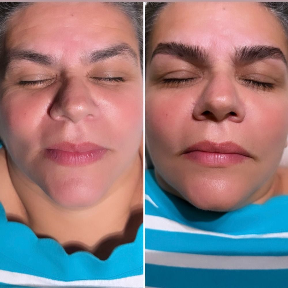 Side-by-side facial comparison: Before and after eyebrow shaping and tint. Woman with closed eyes.