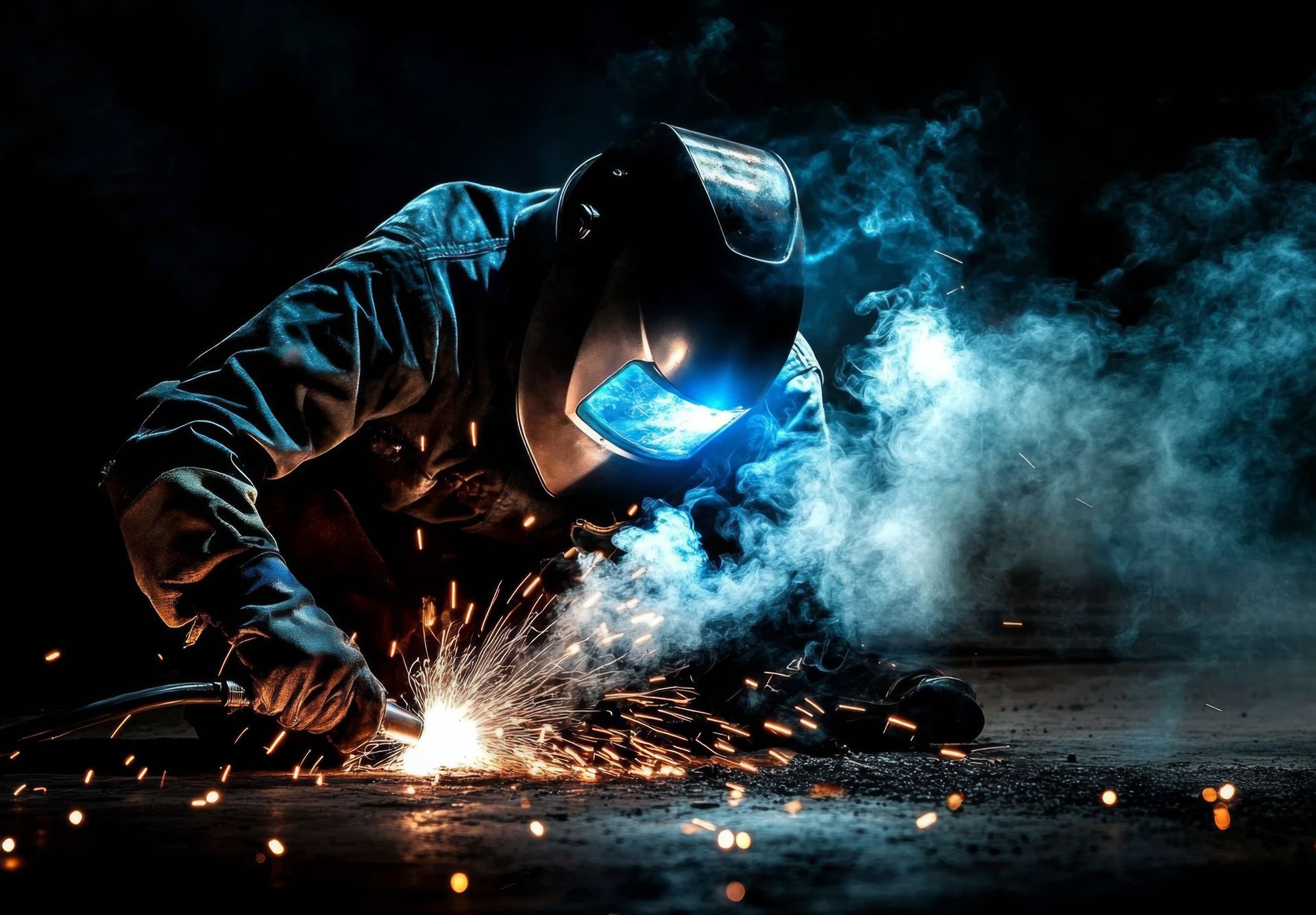 Welder working with bright sparks and bokeh lights in a dark workshop. 