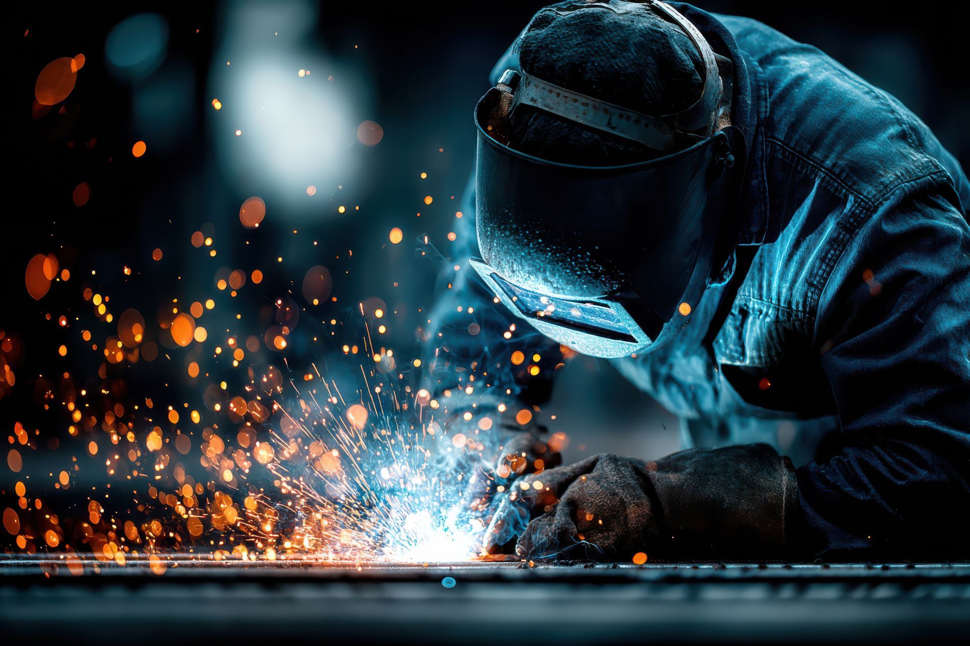 Person welding metal with sparks flying in a dark workshop. Person welding metal with sparks flying in a dark workshop.