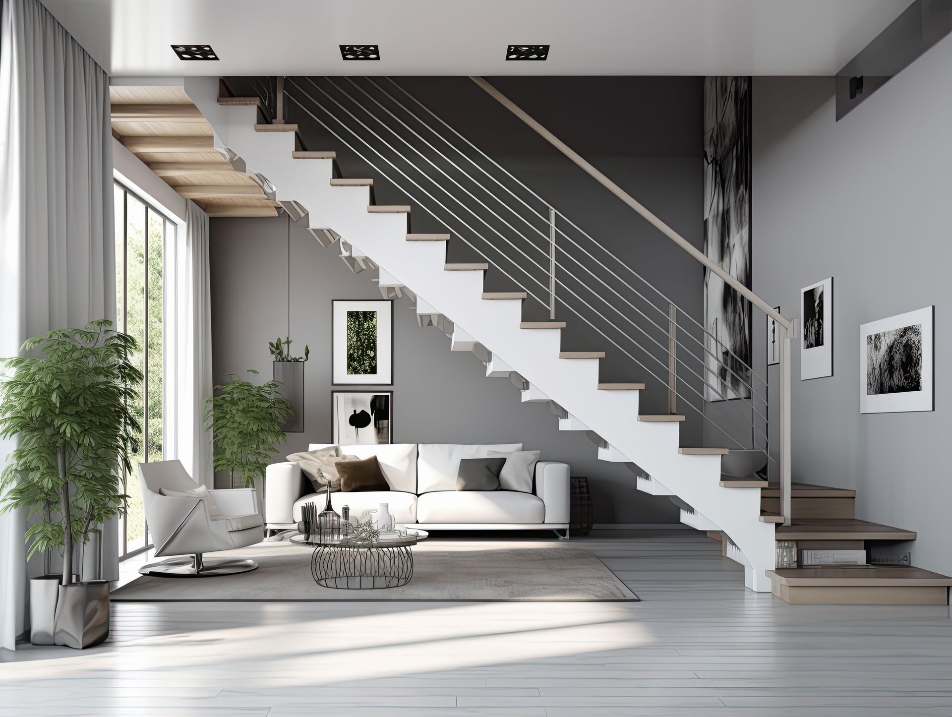 A hallway interior with a staircase with decorative railing and ironwork on windows. 