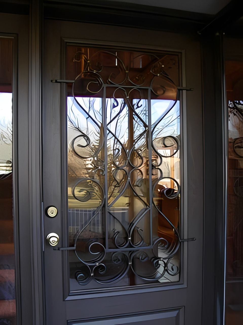 A decorative wrought iron front door.