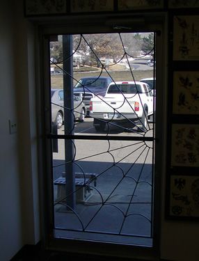 A stained glass door with a spider web design on it