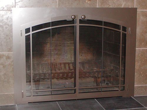 A fireplace with a screen in front of it