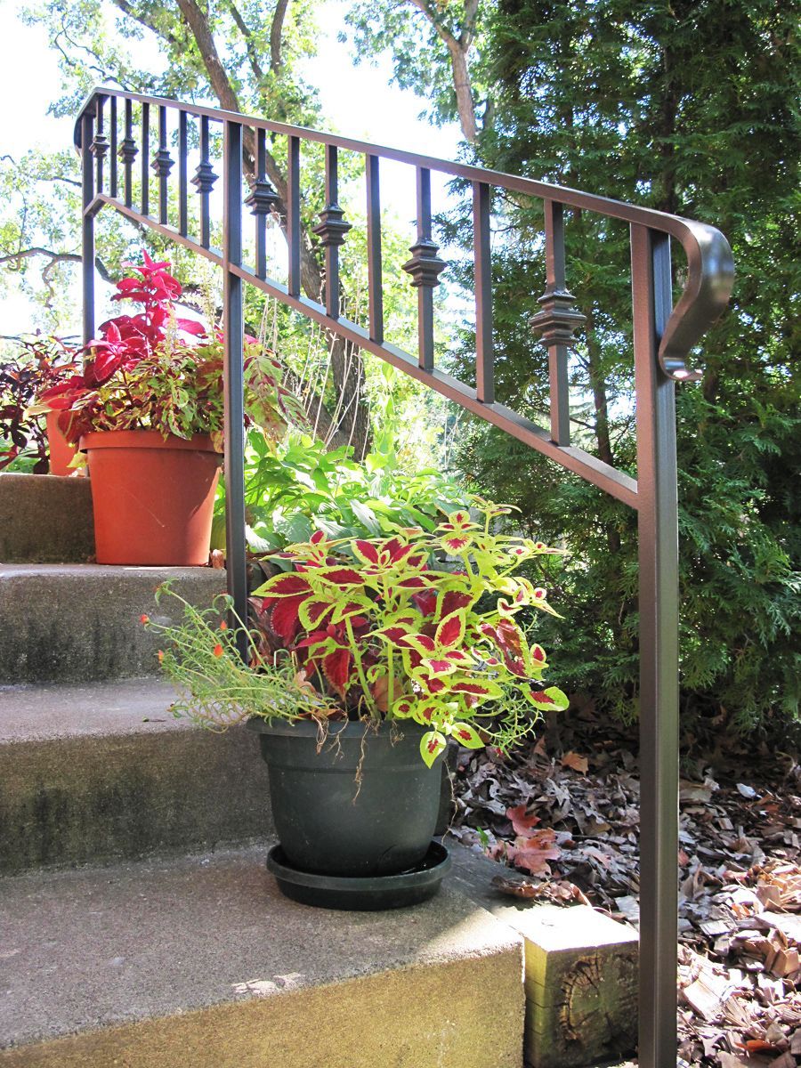 Concrete steps with potted plants, next to a metal railing.