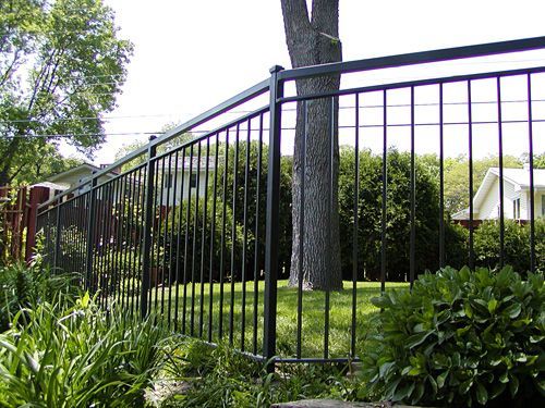 A black metal fence surrounds a lush green yard
