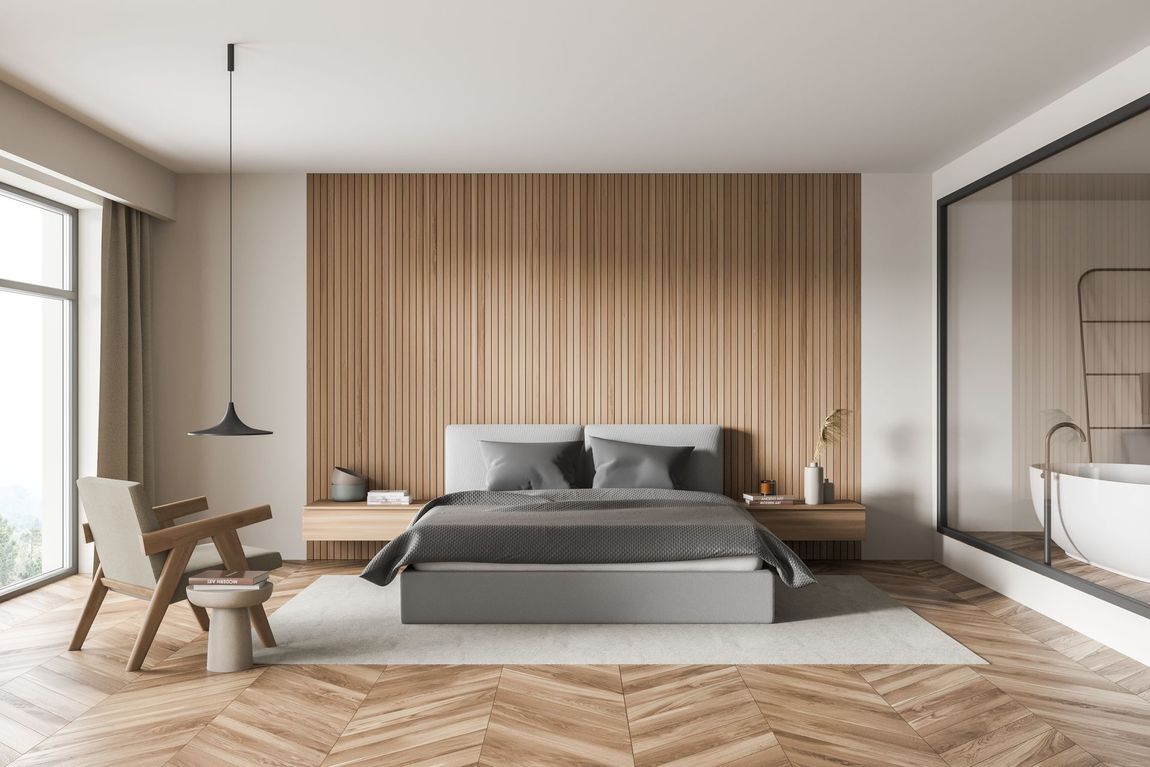 Modernes Schlafzimmer mit Holzwand