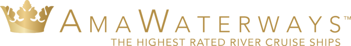 Logo for AmaWaterways river cruises with a gold crown icon. Text: AMA WATERWAYS. 