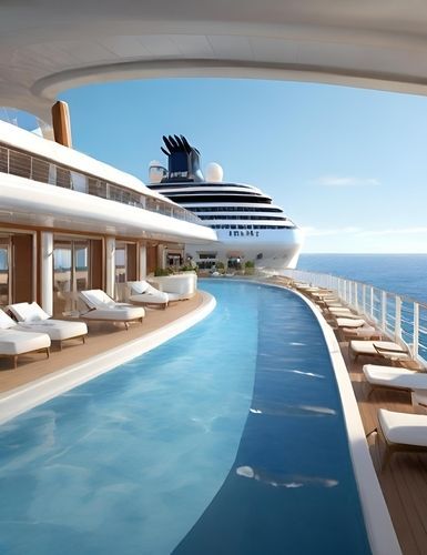 Cruise ship with long pool on deck, ocean view. White lounge chairs, blue water, and sunny sky.