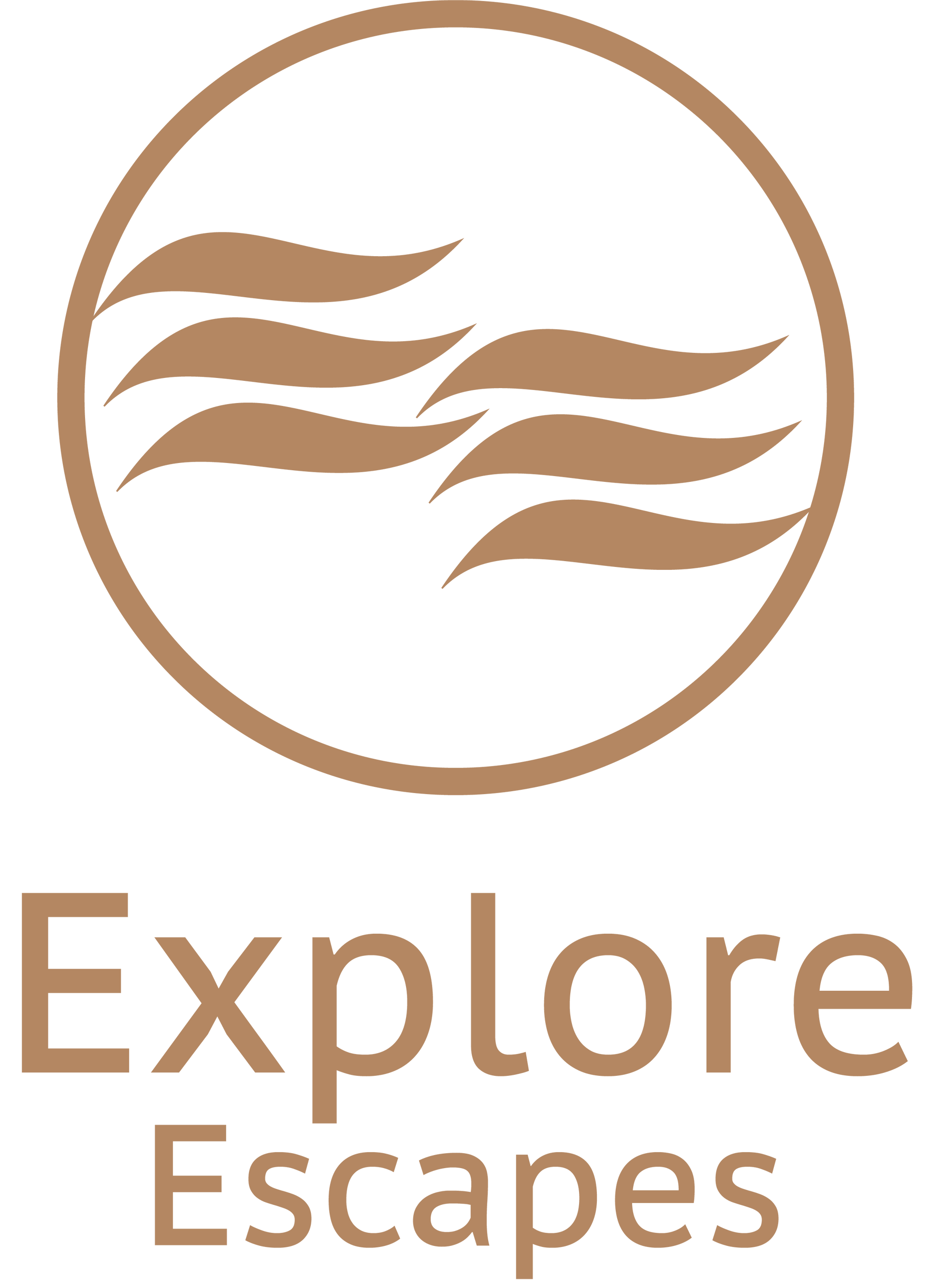 Logo: Brown circle with stylized waves, 