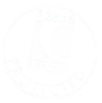 White, circular logo with indiscernible details.