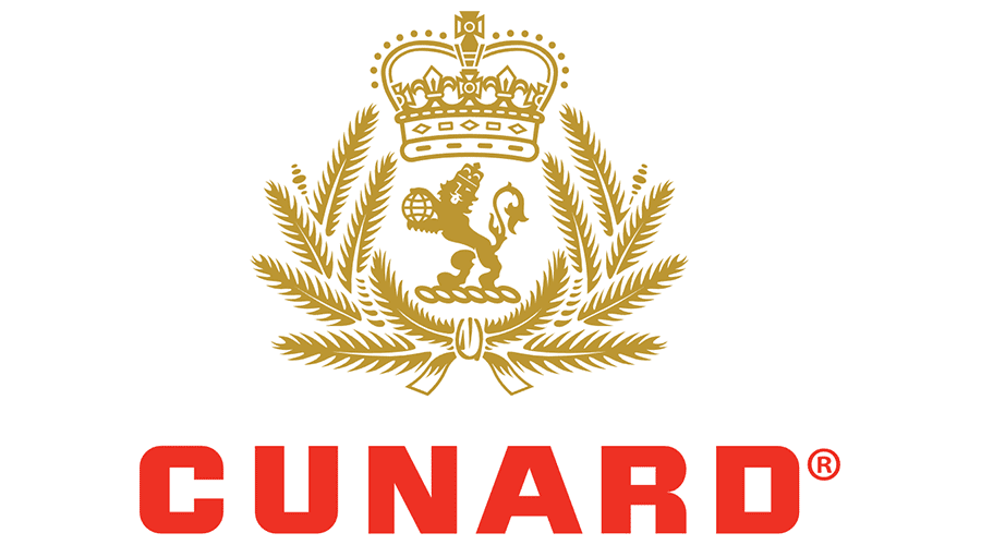 Cunard logo with golden crown and lion on white background, red 
