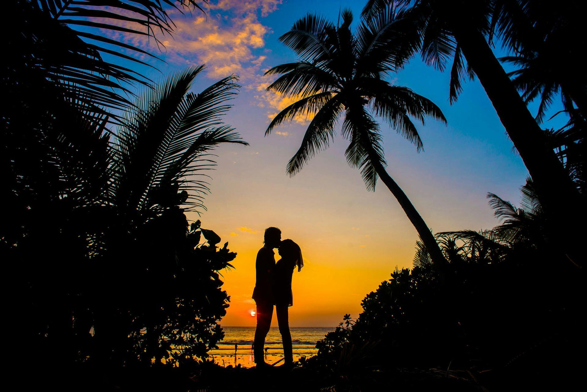 Couple kissing silhouetted against a vibrant sunset over the ocean, framed by palm trees.
