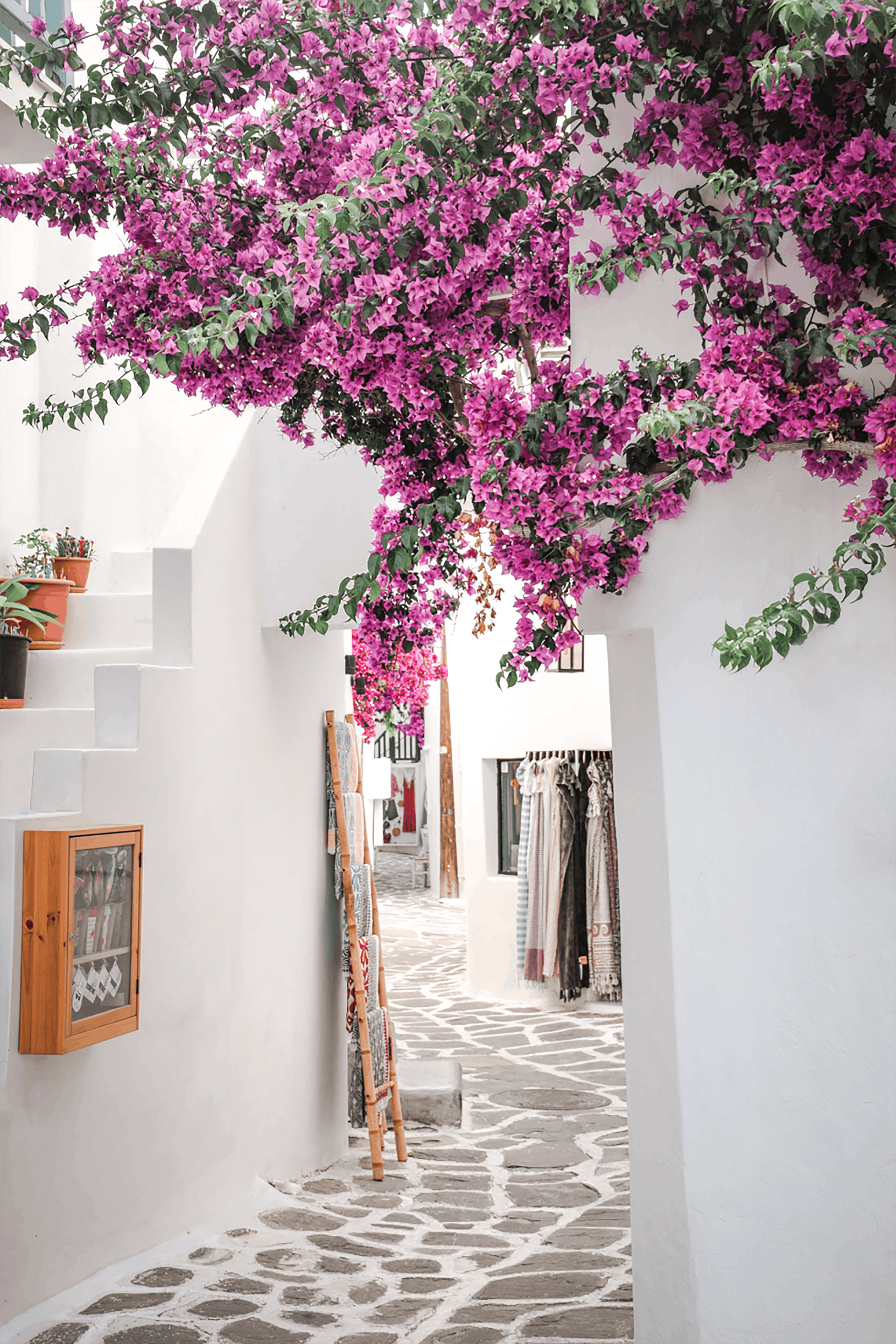 Narrow whitewashed alley in Greece, with vibrant purple bougainvillea overhead. Shops and steps visible.