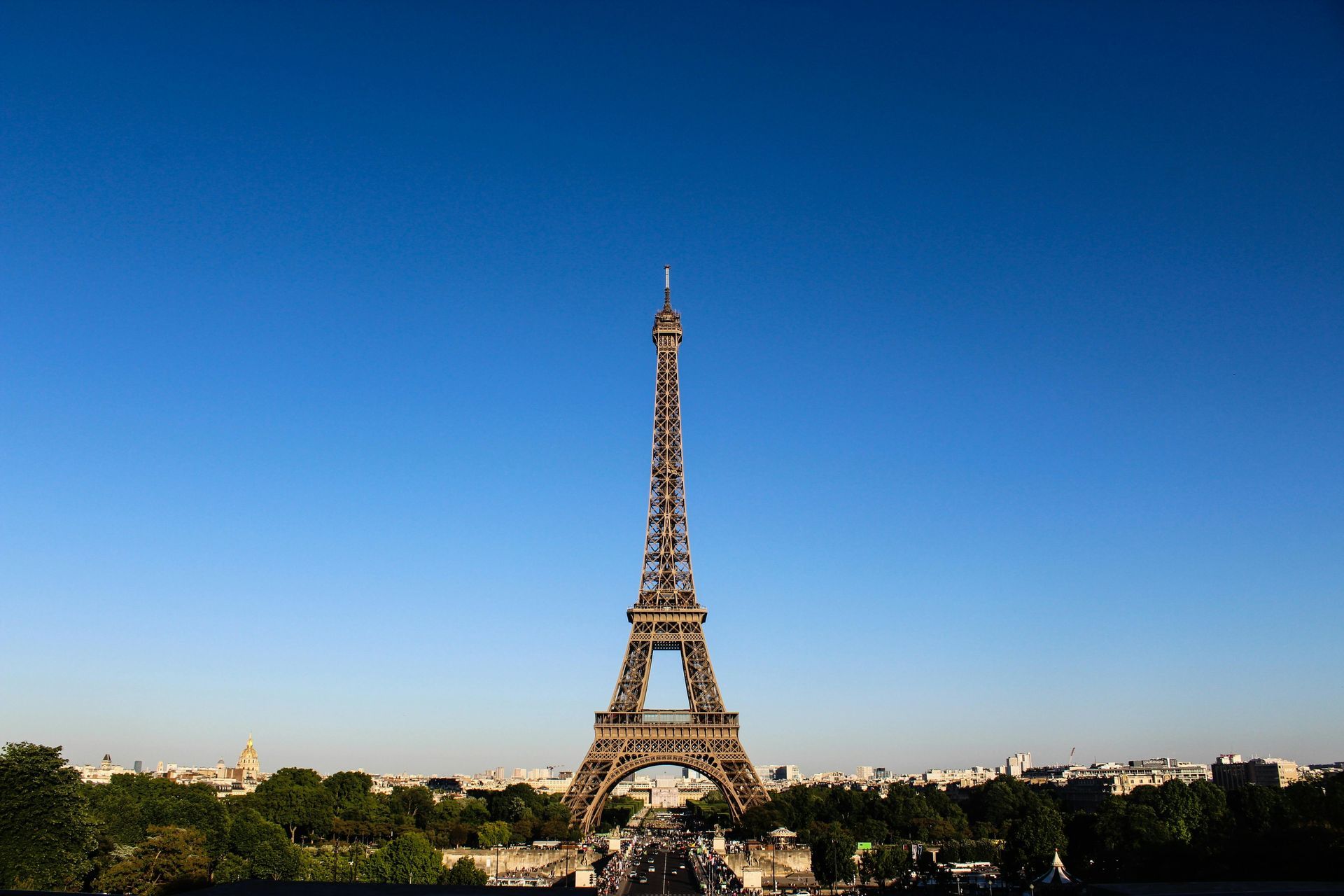 Eiffel Tower against a clear blue sky, Paris, France.