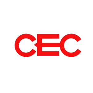 A red cec logo on a white background