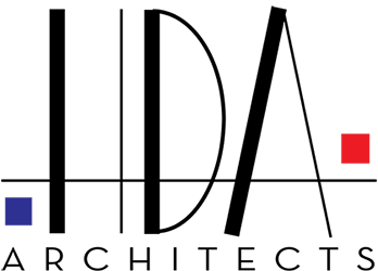 The logo for ida architects is black and red with a red square in the middle.