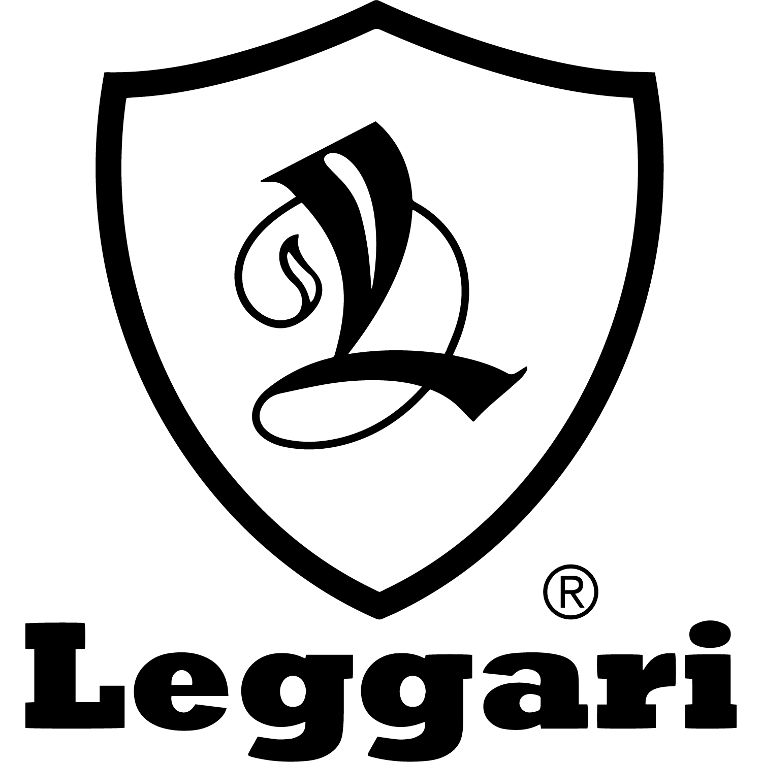 A black and white logo of a shield with a letter l on it.