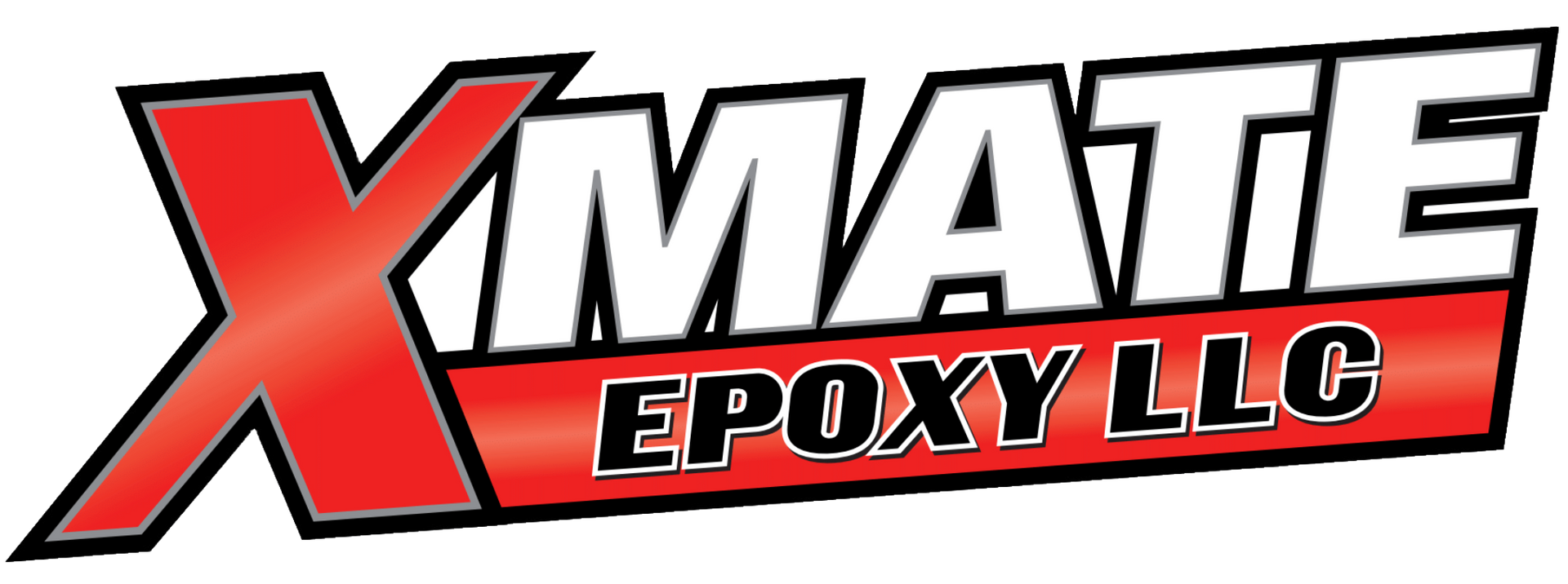 A red and white logo for xmate epoxy llc.