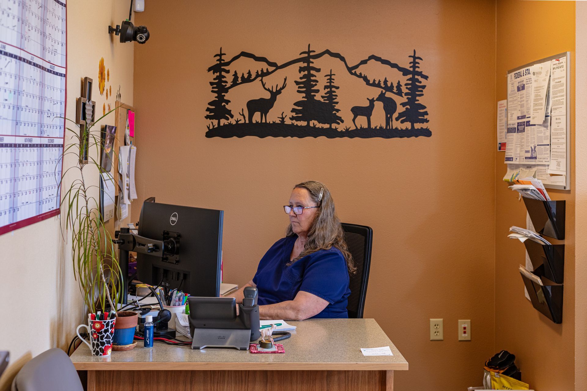 A woman is sitting at a desk in front of a computer.