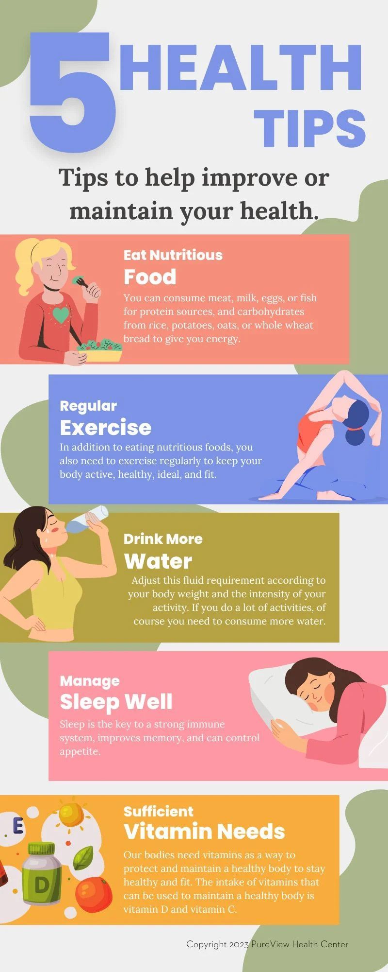 A poster with five health tips to help improve or maintain your health.