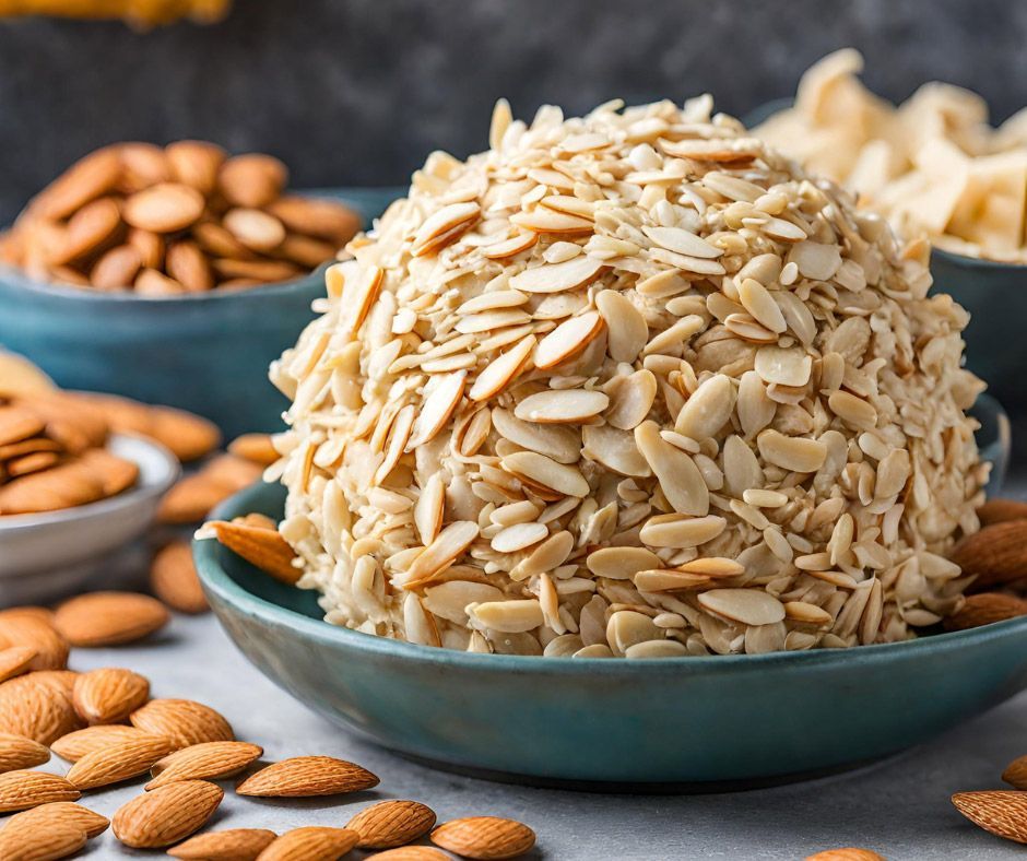 A blue bowl filled with almonds and a ball of almonds