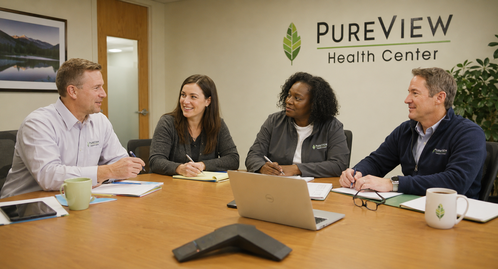 A group of people wearing face masks are sitting around a table with a laptop.