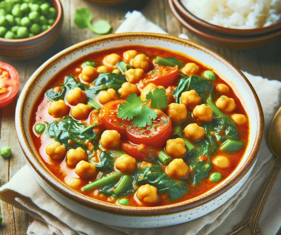 A bowl of soup with chickpeas , spinach , tomatoes and green beans on a table.