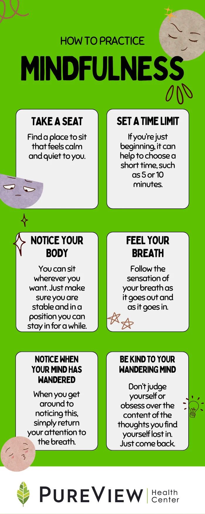 A poster showing how to practice mindfulness.