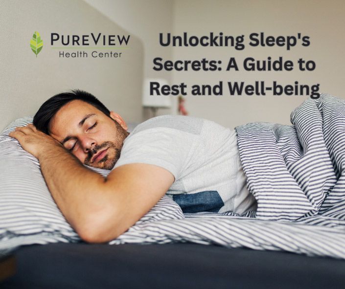 A man is sleeping on a bed with a pureview health center logo in the background