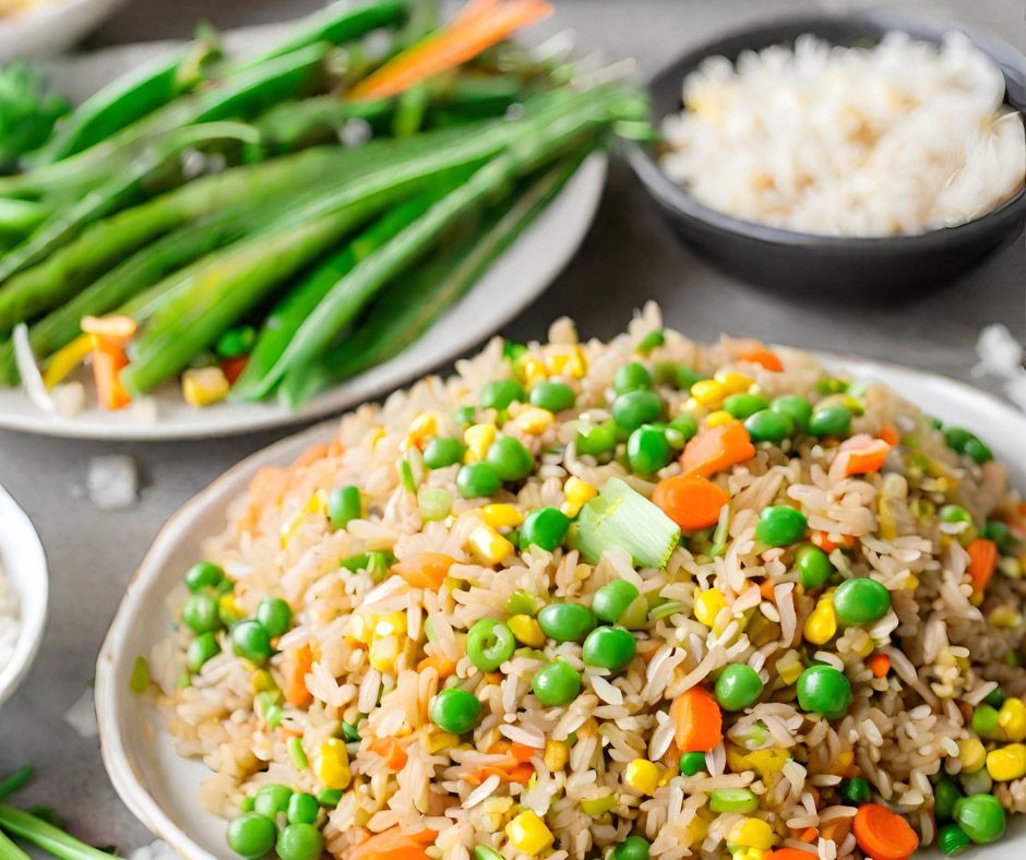 A plate of fried rice with peas , carrots , corn and green beans.