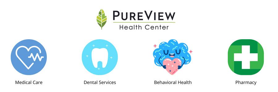 A logo for a health center with a heart , tooth , and pharmacy icons.