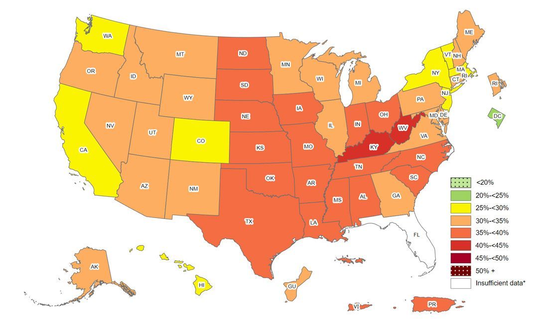 A map of the united states showing the percentage of obese people in each state