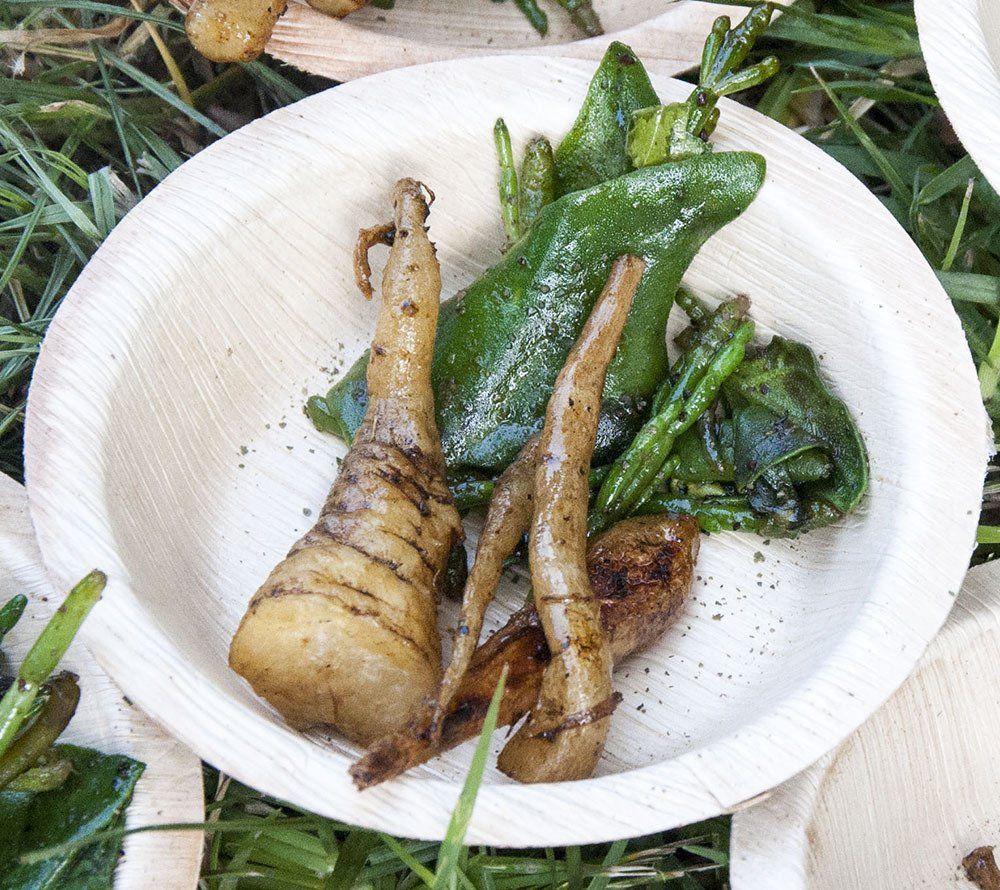 Plate of roasted vegetables: large root vegetable and green peppers.