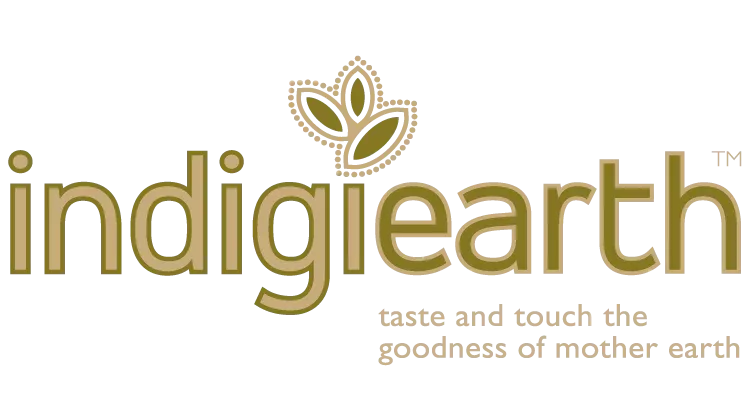 Indigiearth logo with gold text and leaf design, tagline 