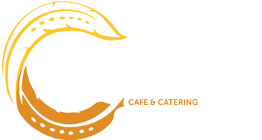 Logo for Cafe & Catering, featuring a stylized feather in shades of gold and orange.